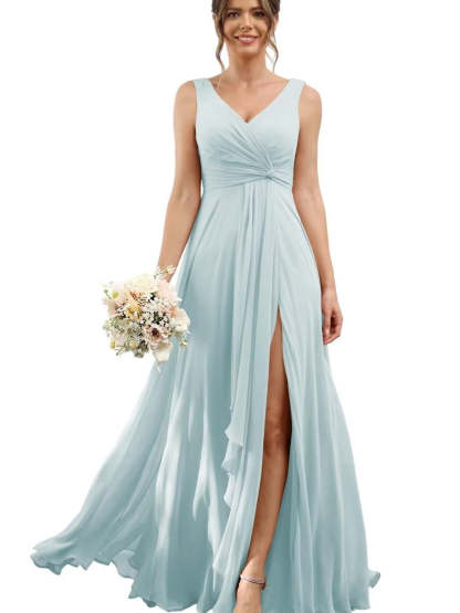 Floor-Length V-Neck Chiffon Bridesmaid Dress with Short Sleeves