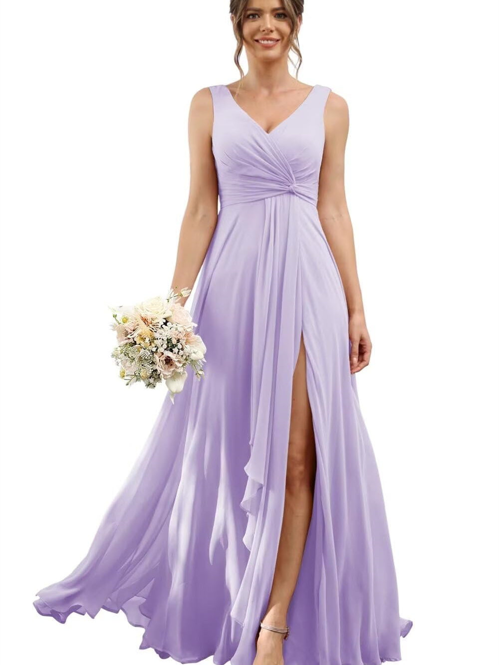 Floor-Length V-Neck Chiffon Bridesmaid Dress with Short Sleeves