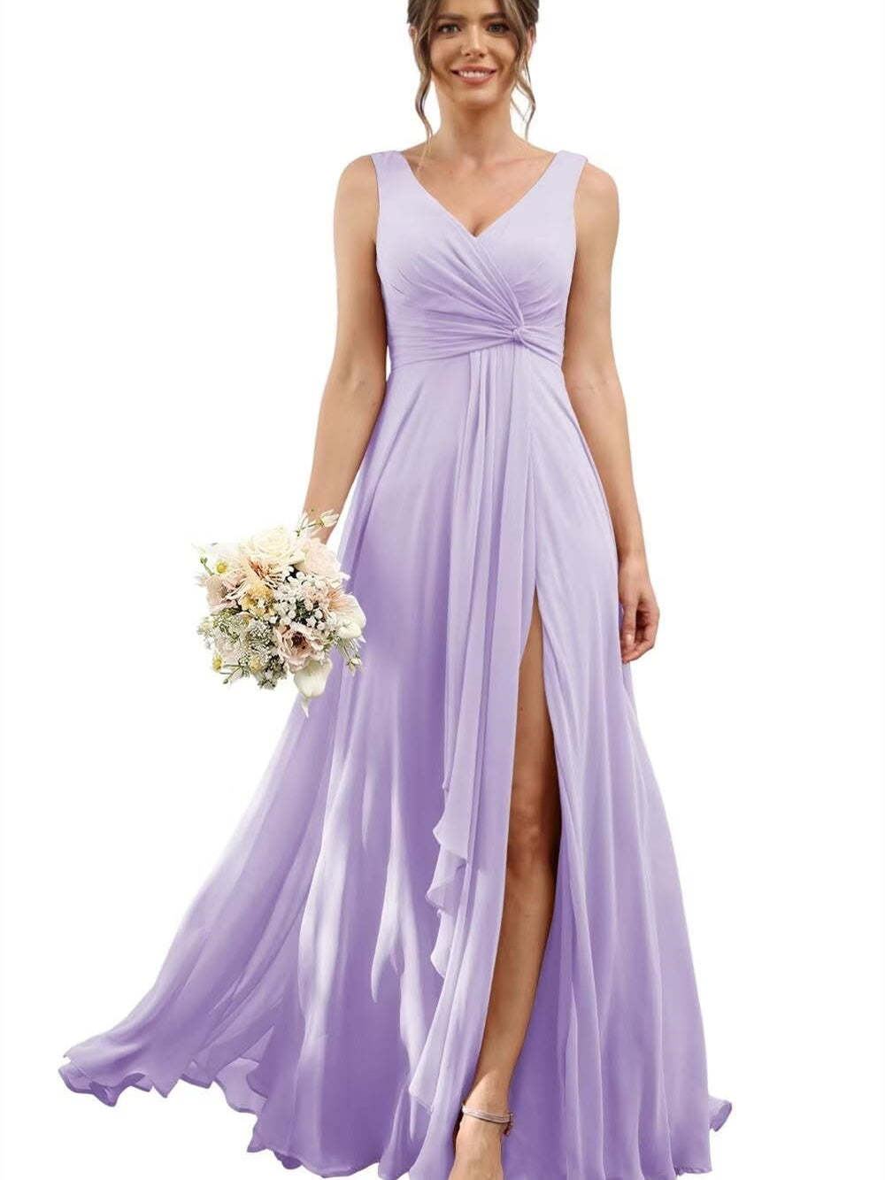 Floor-Length V-Neck Chiffon Bridesmaid Dress with Short Sleeves