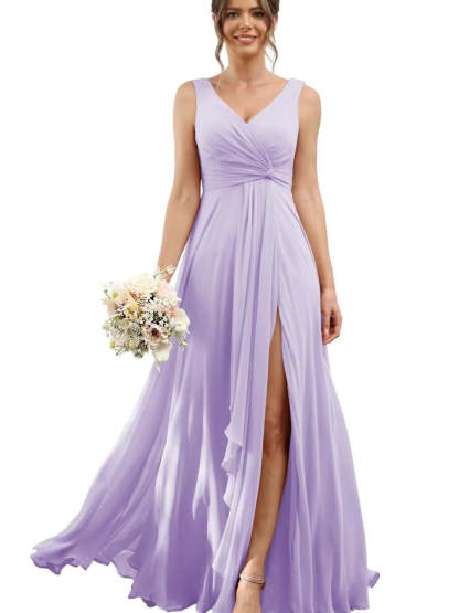 Floor-Length V-Neck Chiffon Bridesmaid Dress with Short Sleeves