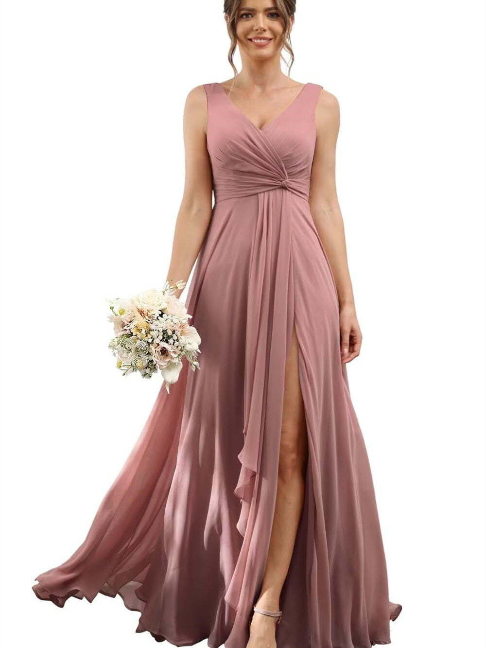 Floor-Length V-Neck Chiffon Bridesmaid Dress with Short Sleeves