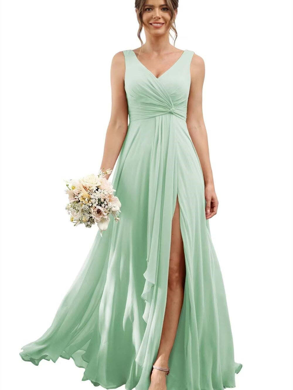 Floor-Length V-Neck Chiffon Bridesmaid Dress with Short Sleeves