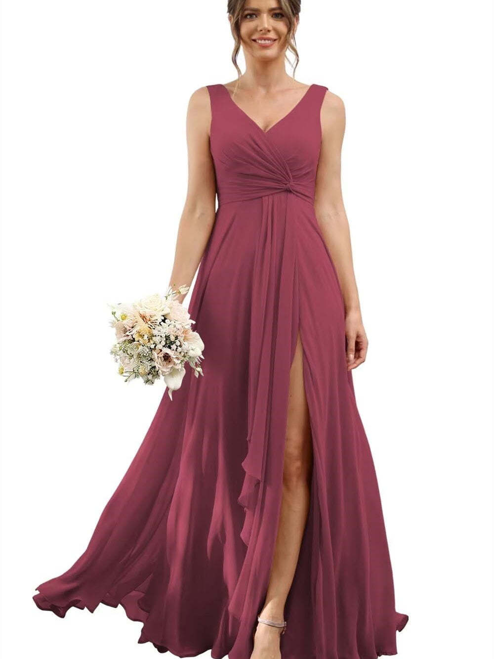 Floor-Length V-Neck Chiffon Bridesmaid Dress with Short Sleeves