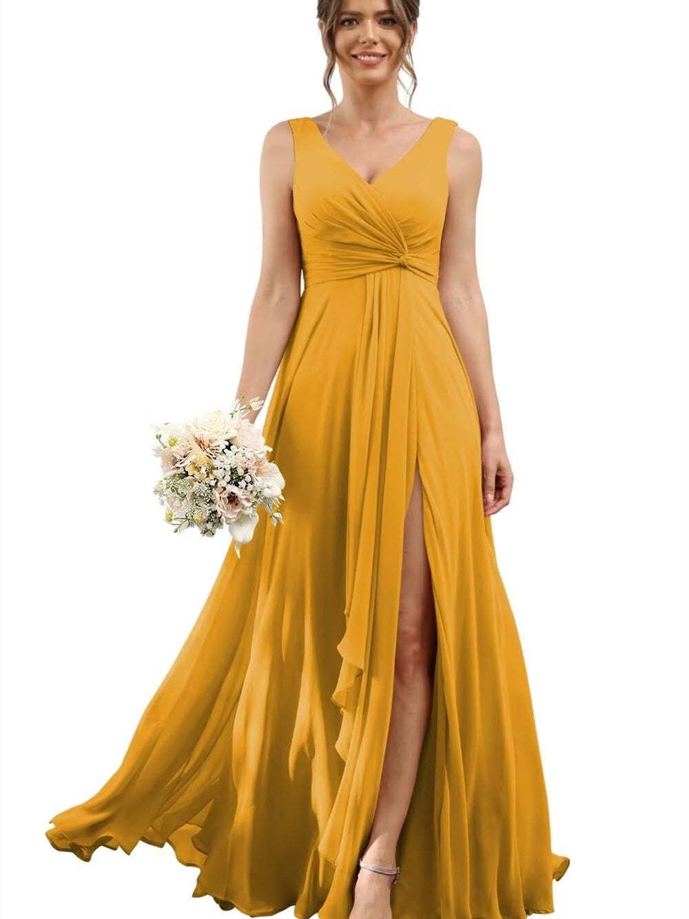 Floor-Length V-Neck Chiffon Bridesmaid Dress with Short Sleeves