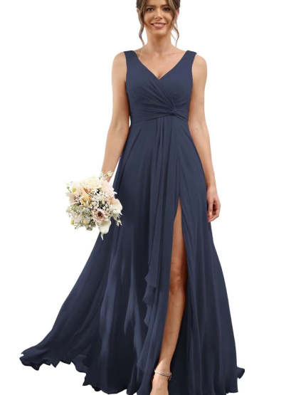 Floor-Length V-Neck Chiffon Bridesmaid Dress with Short Sleeves