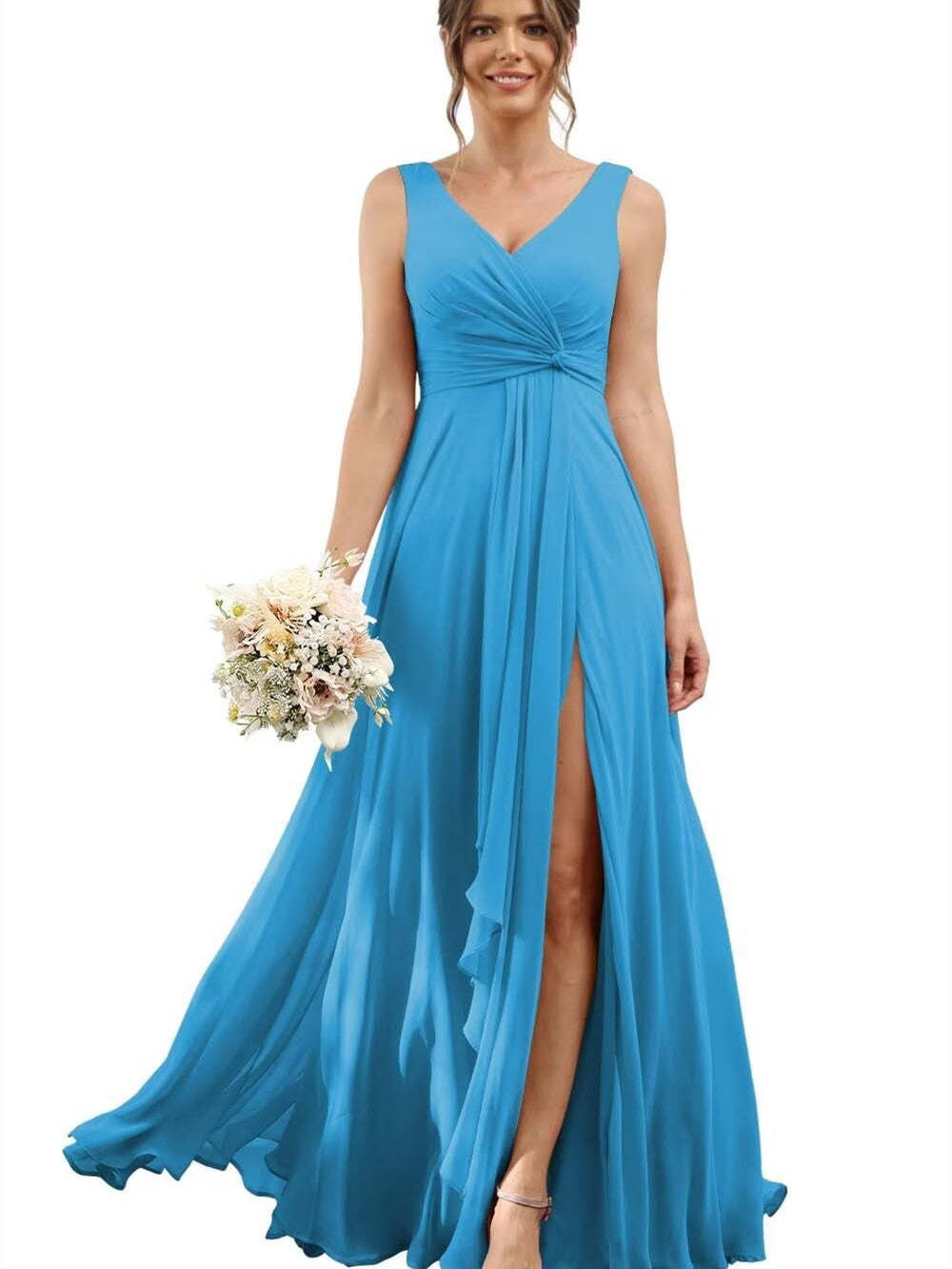 Floor-Length V-Neck Chiffon Bridesmaid Dress with Short Sleeves