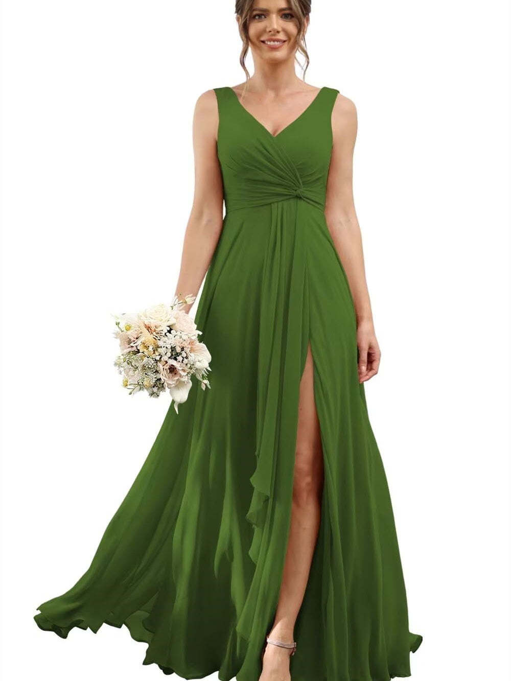 Floor-Length V-Neck Chiffon Bridesmaid Dress with Short Sleeves