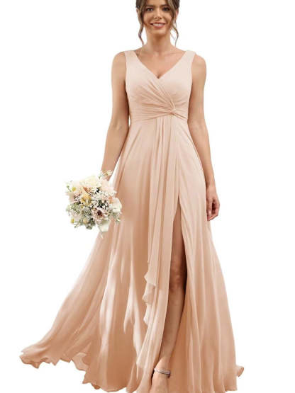 Floor-Length V-Neck Chiffon Bridesmaid Dress with Short Sleeves