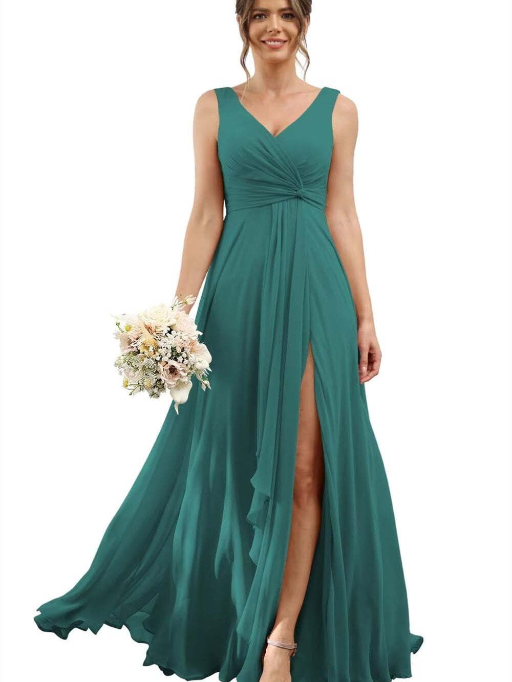 Floor-Length V-Neck Chiffon Bridesmaid Dress with Short Sleeves