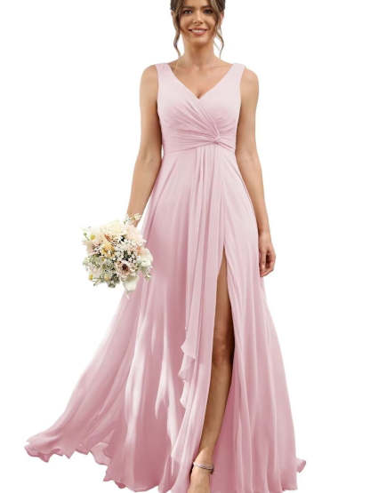 Floor-Length V-Neck Chiffon Bridesmaid Dress with Short Sleeves