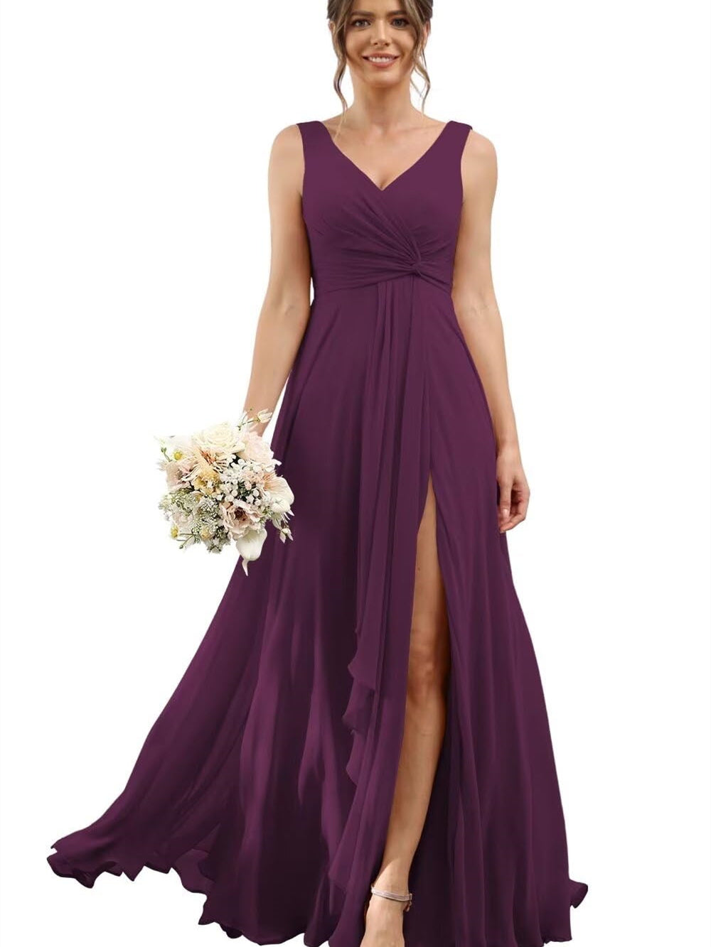 Floor-Length V-Neck Chiffon Bridesmaid Dress with Short Sleeves