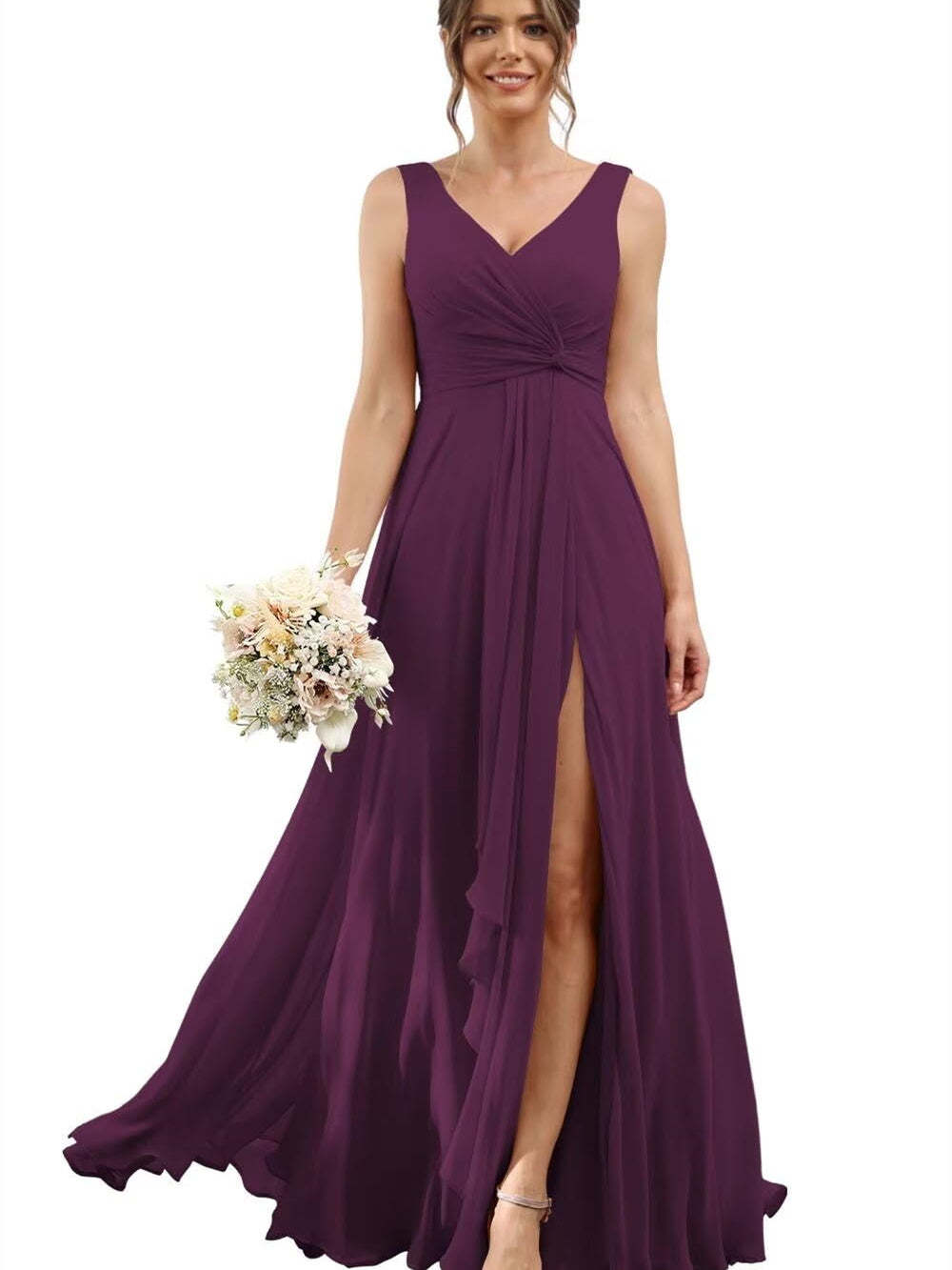 Floor-Length V-Neck Chiffon Bridesmaid Dress with Short Sleeves