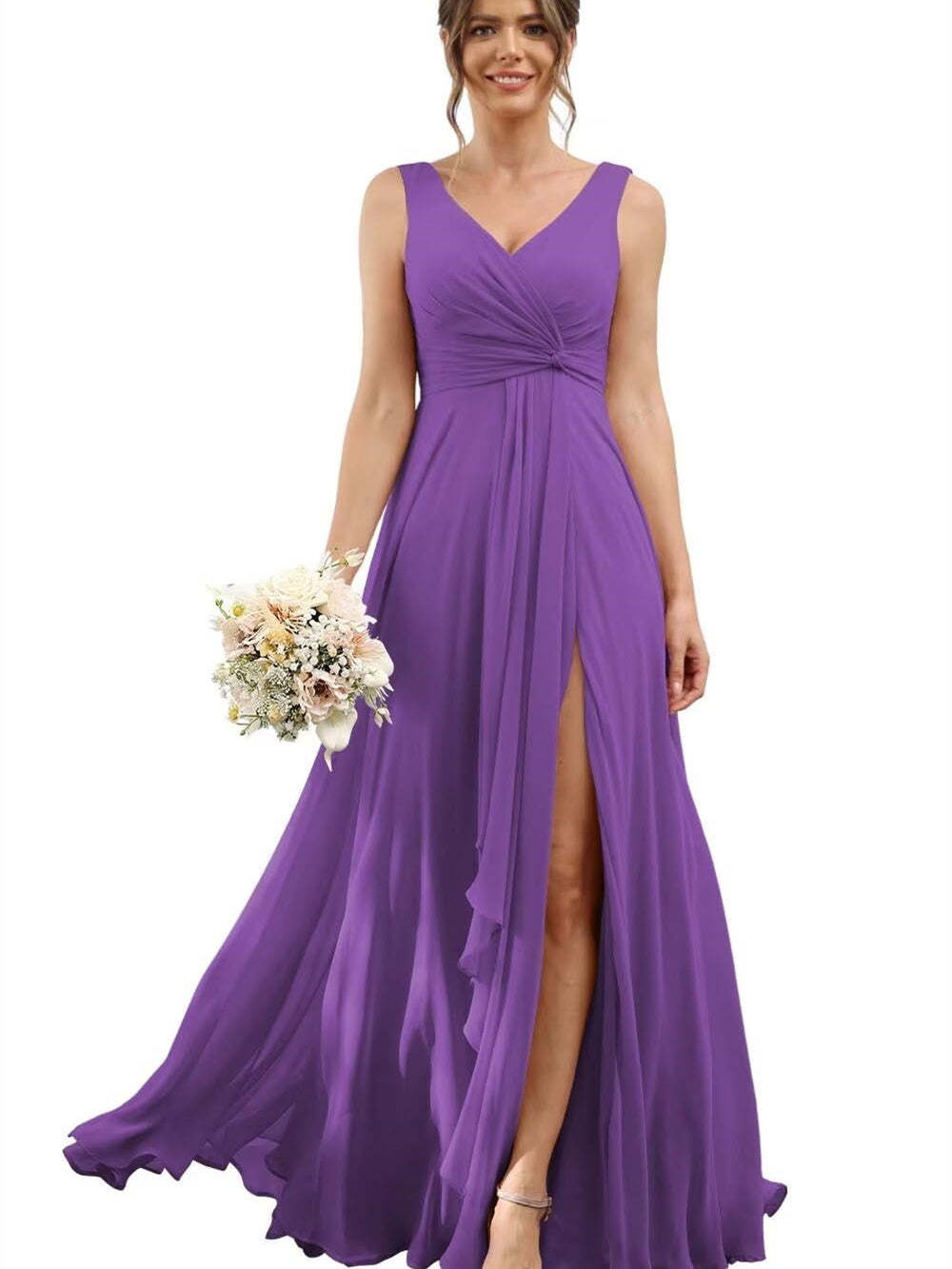 Floor-Length V-Neck Chiffon Bridesmaid Dress with Short Sleeves
