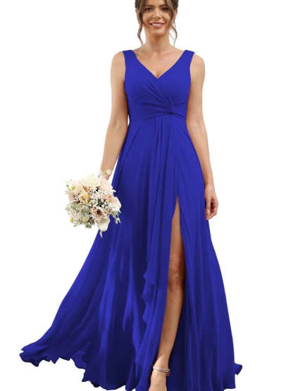 Floor-Length V-Neck Chiffon Bridesmaid Dress with Short Sleeves