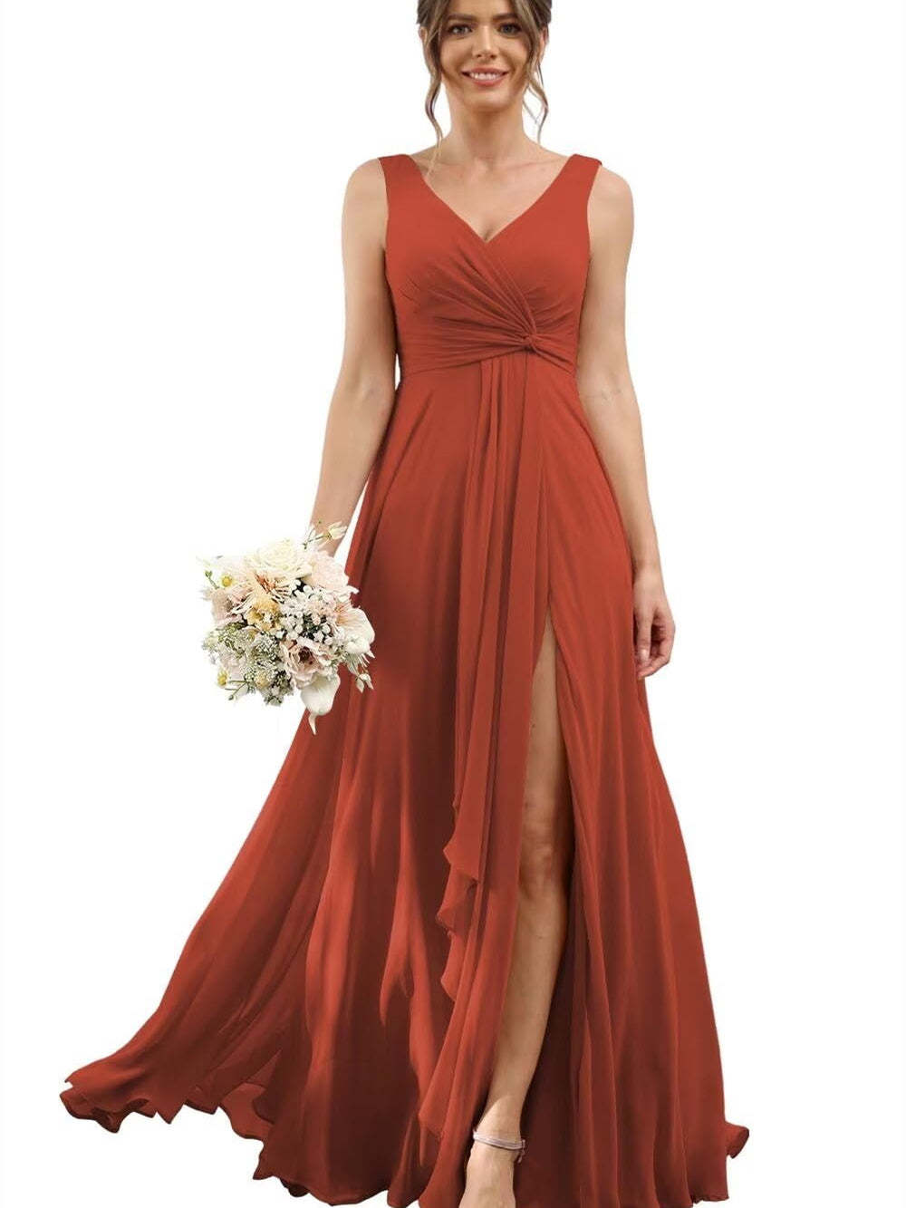 Floor-Length V-Neck Chiffon Bridesmaid Dress with Short Sleeves