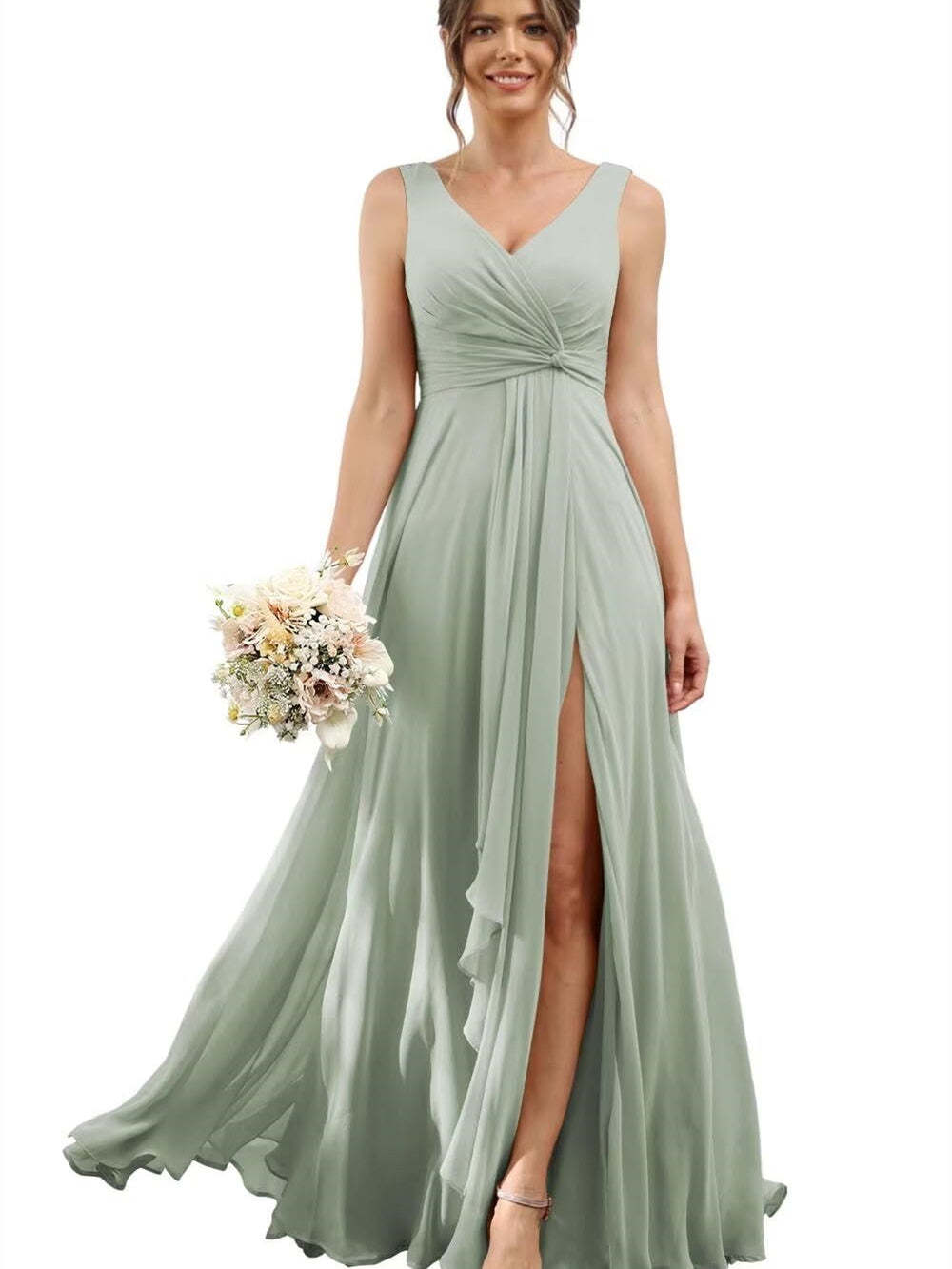 Floor-Length V-Neck Chiffon Bridesmaid Dress with Short Sleeves