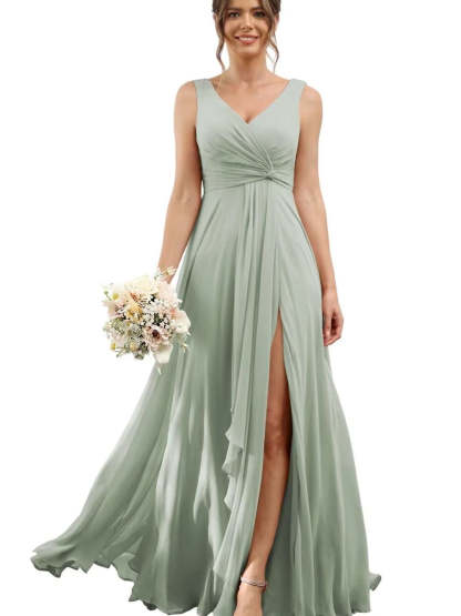 Floor-Length V-Neck Chiffon Bridesmaid Dress with Short Sleeves
