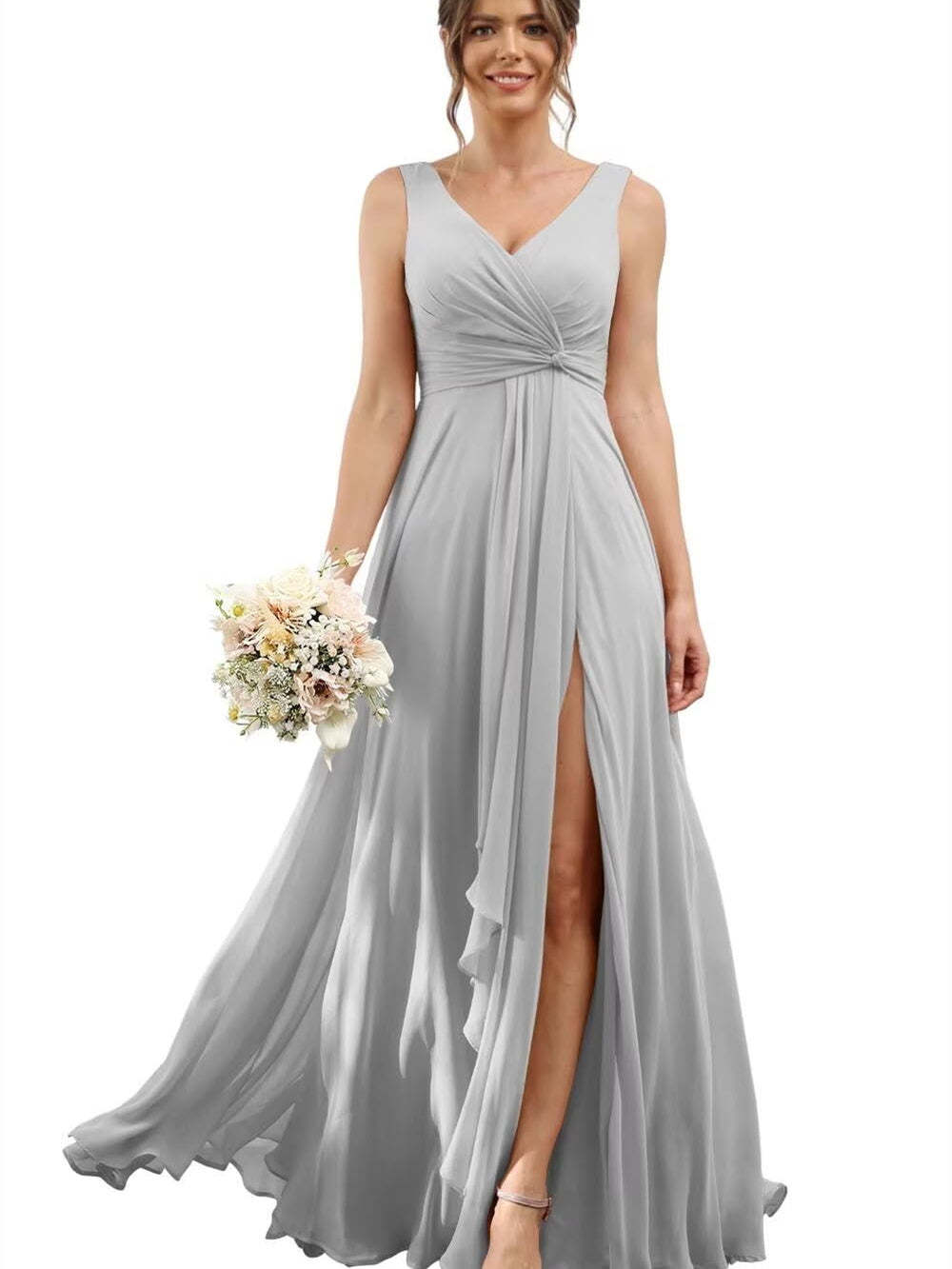 Floor-Length V-Neck Chiffon Bridesmaid Dress with Short Sleeves