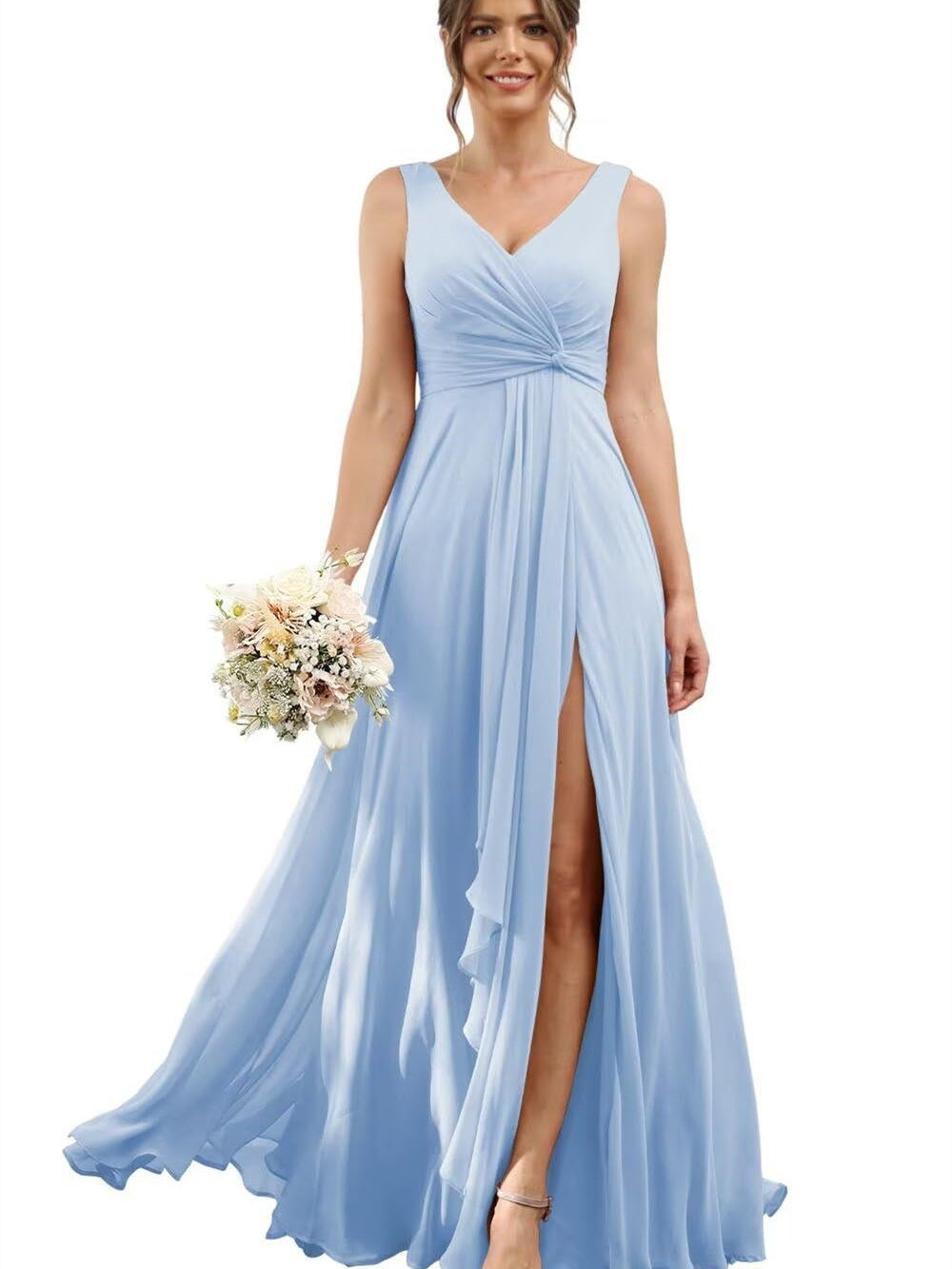 Floor-Length V-Neck Chiffon Bridesmaid Dress with Short Sleeves