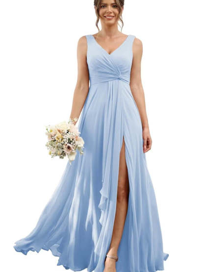 Floor-Length V-Neck Chiffon Bridesmaid Dress with Short Sleeves