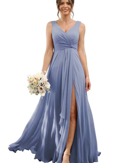 Floor-Length V-Neck Chiffon Bridesmaid Dress with Short Sleeves