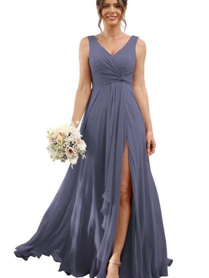 Floor-Length V-Neck Chiffon Bridesmaid Dress with Short Sleeves