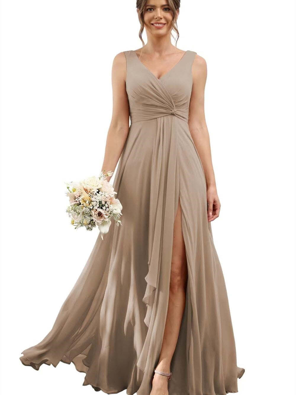 Floor-Length V-Neck Chiffon Bridesmaid Dress with Short Sleeves