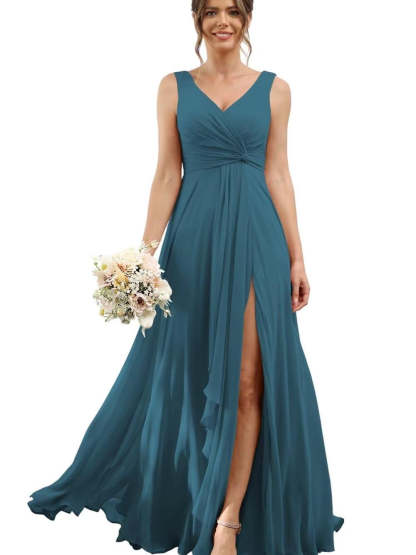 Floor-Length V-Neck Chiffon Bridesmaid Dress with Short Sleeves