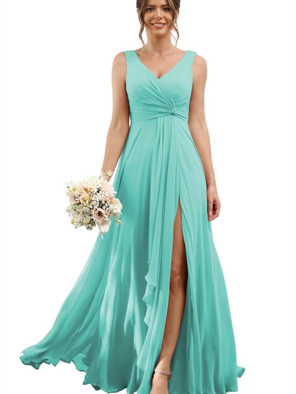Floor-Length V-Neck Chiffon Bridesmaid Dress with Short Sleeves