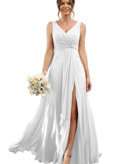 Floor-Length V-Neck Chiffon Bridesmaid Dress with Short Sleeves