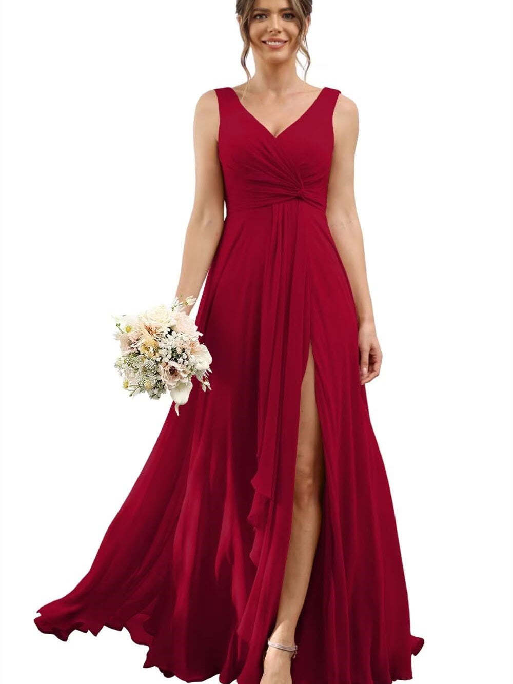 Floor-Length V-Neck Chiffon Bridesmaid Dress with Short Sleeves