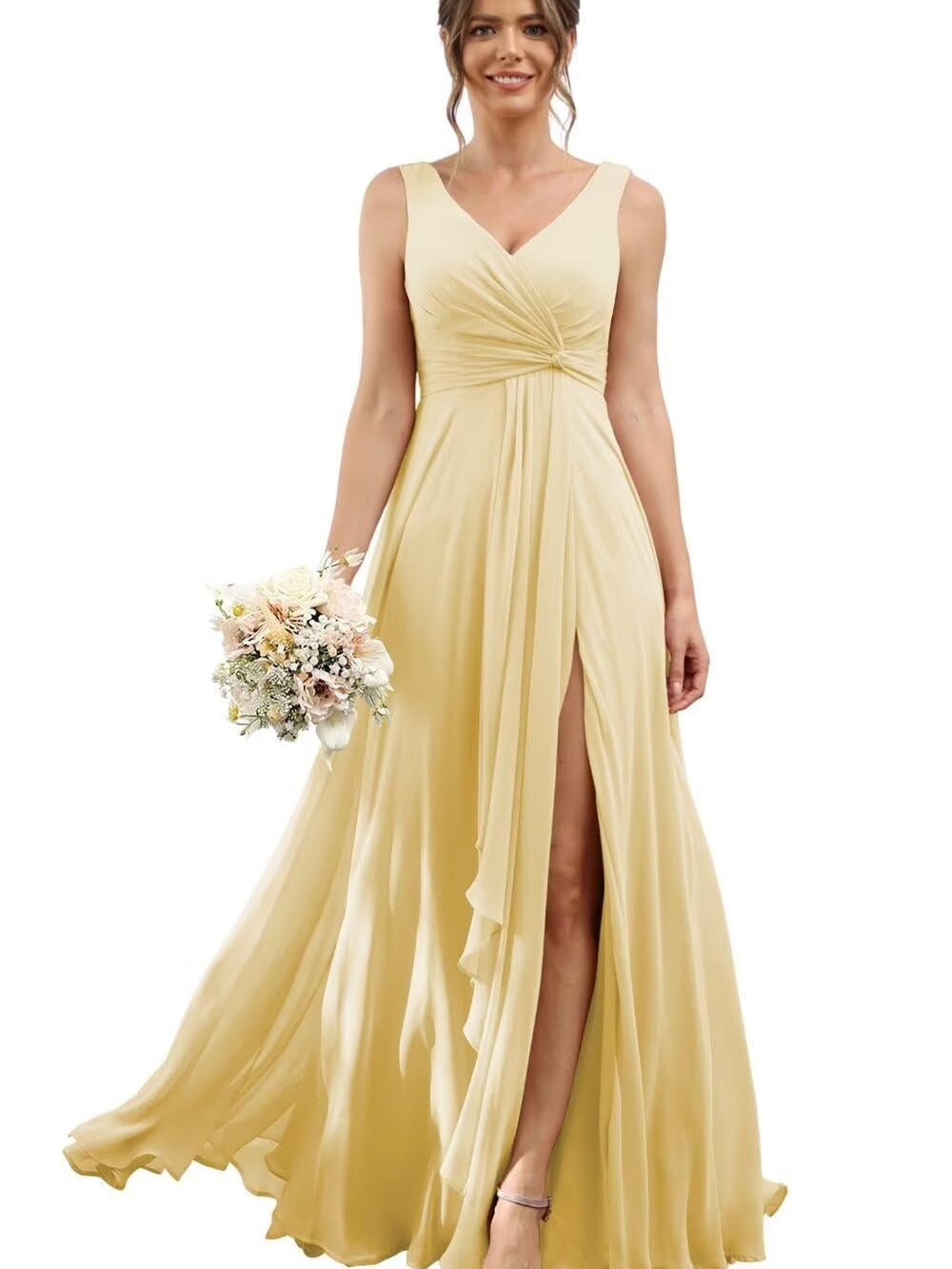 Floor-Length V-Neck Chiffon Bridesmaid Dress with Short Sleeves