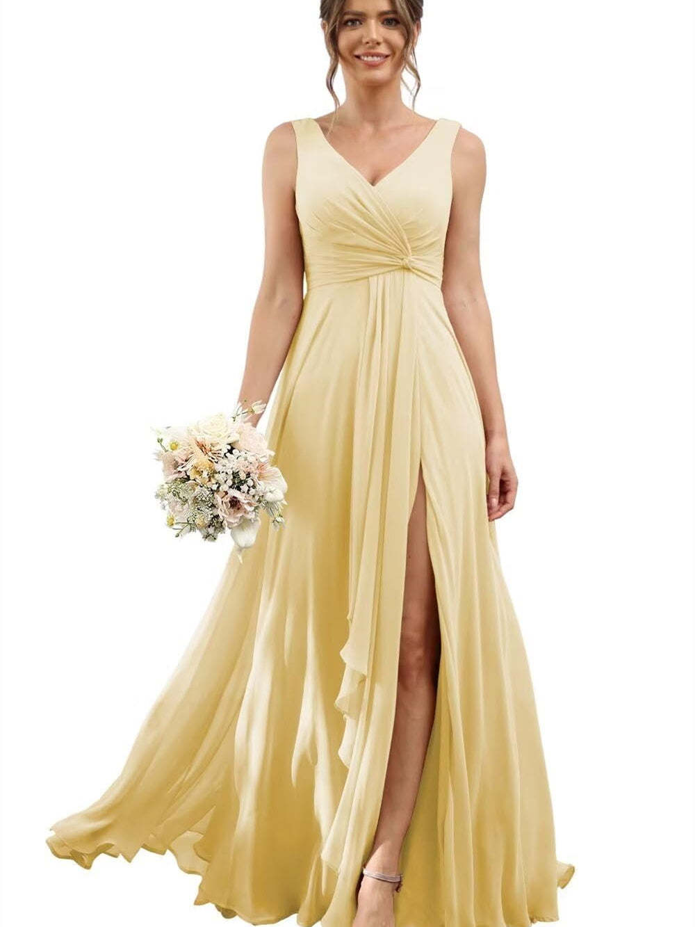 Floor-Length V-Neck Chiffon Bridesmaid Dress with Short Sleeves