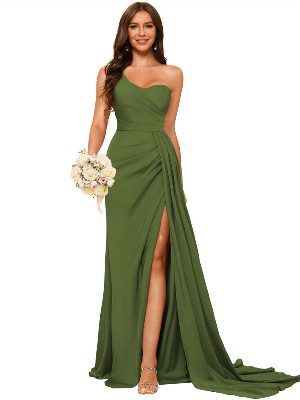 One-shoulder sleeveless floor-length bridesmaid dresses in princess satin with an A-line silhouette