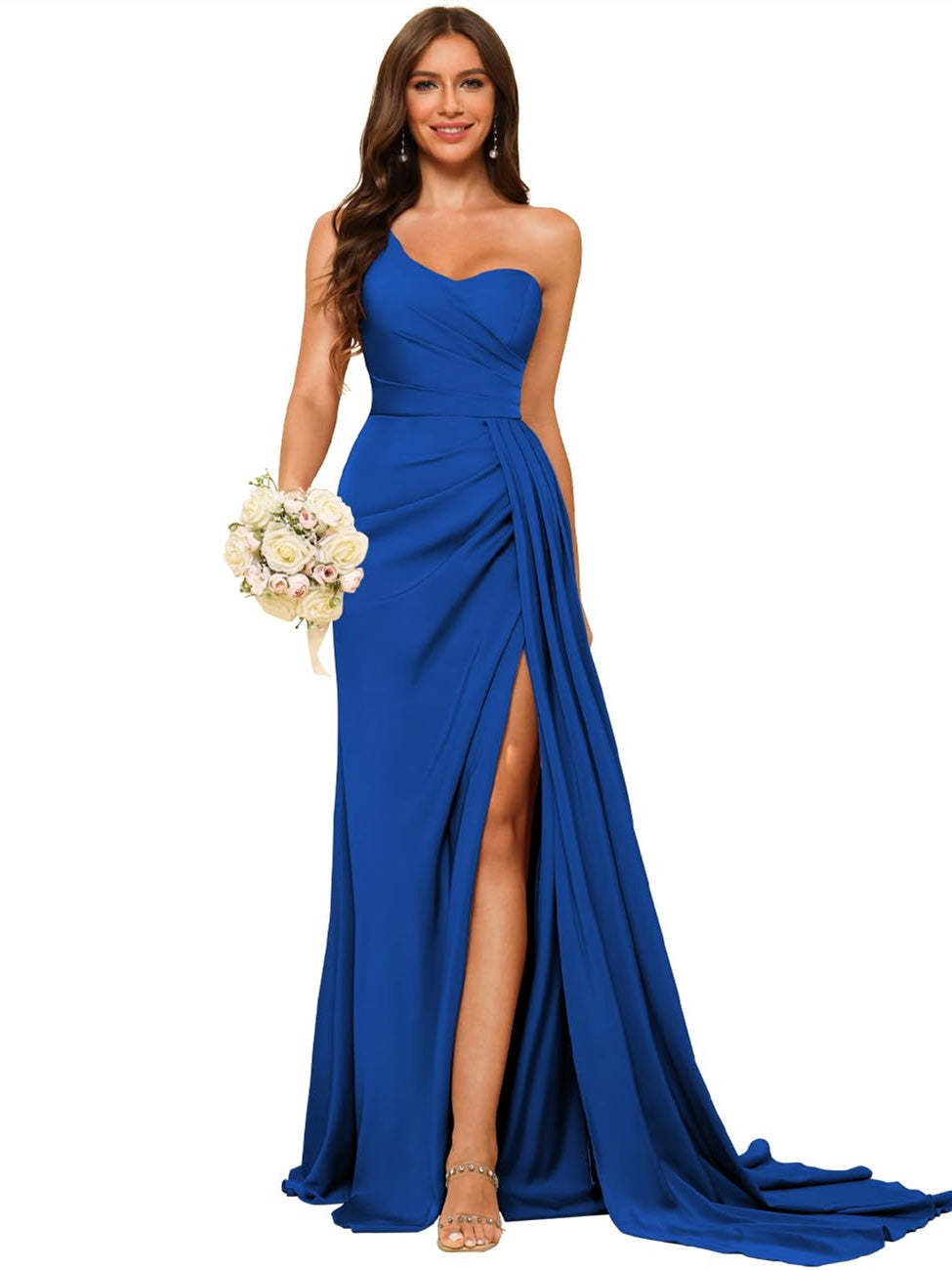 One-shoulder sleeveless floor-length bridesmaid dresses in princess satin with an A-line silhouette