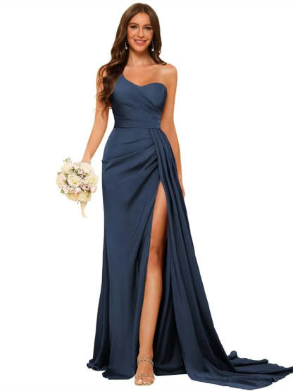 One-shoulder sleeveless floor-length bridesmaid dresses in princess satin with an A-line silhouette