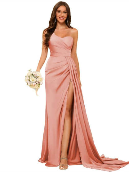 One-shoulder sleeveless floor-length bridesmaid dresses in princess satin with an A-line silhouette
