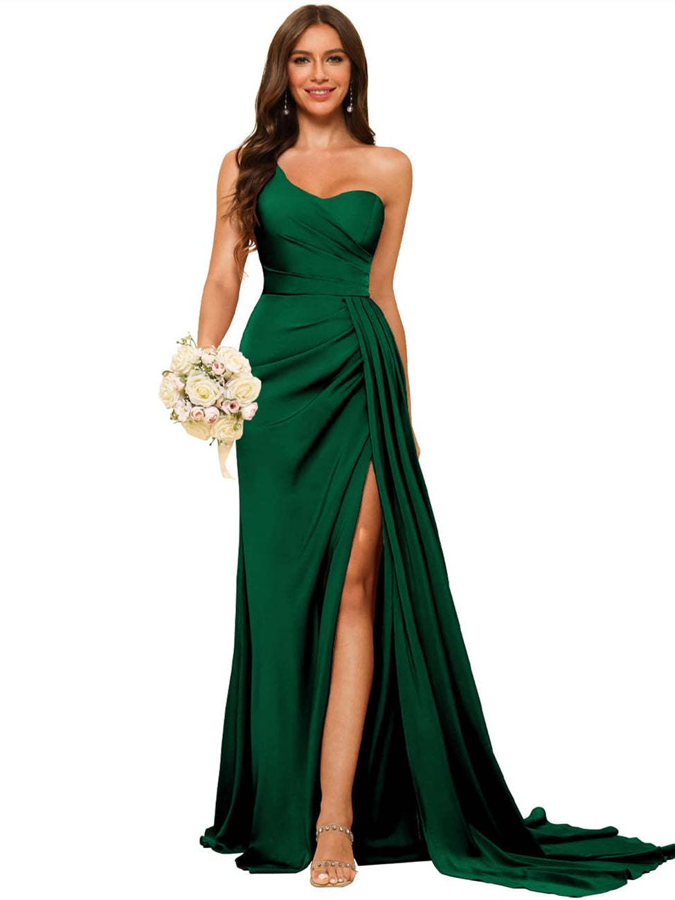 One-shoulder sleeveless floor-length bridesmaid dresses in princess satin with an A-line silhouette