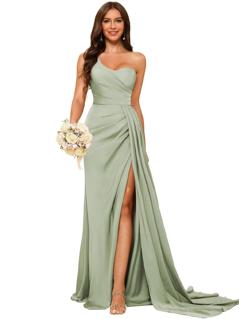 One-shoulder sleeveless floor-length bridesmaid dresses in princess satin with an A-line silhouette