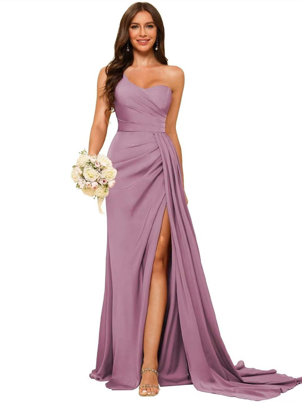 One-shoulder sleeveless floor-length bridesmaid dresses in princess satin with an A-line silhouette
