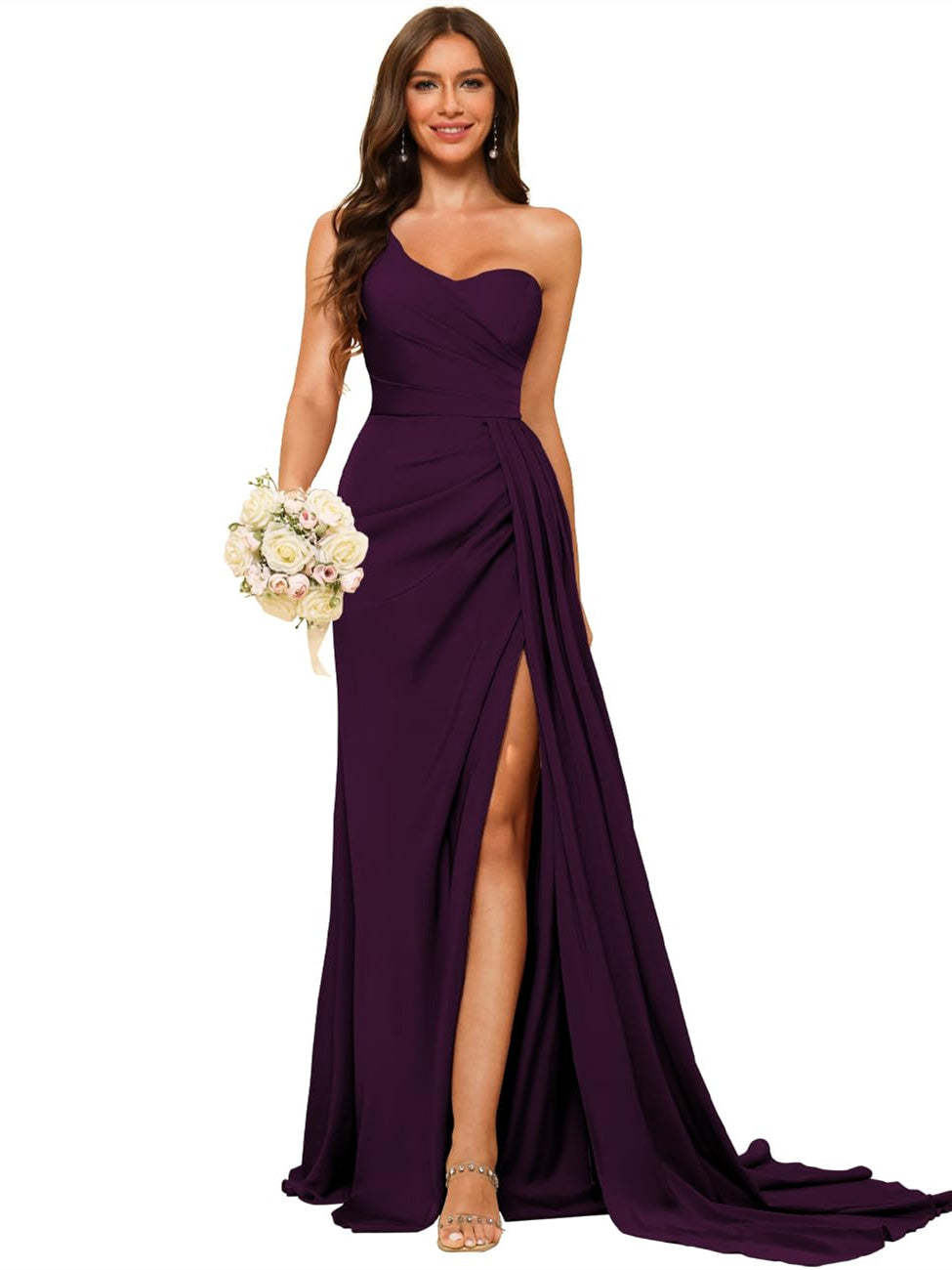 One-shoulder sleeveless floor-length bridesmaid dresses in princess satin with an A-line silhouette