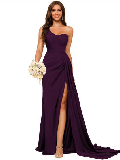 One-shoulder sleeveless floor-length bridesmaid dresses in princess satin with an A-line silhouette