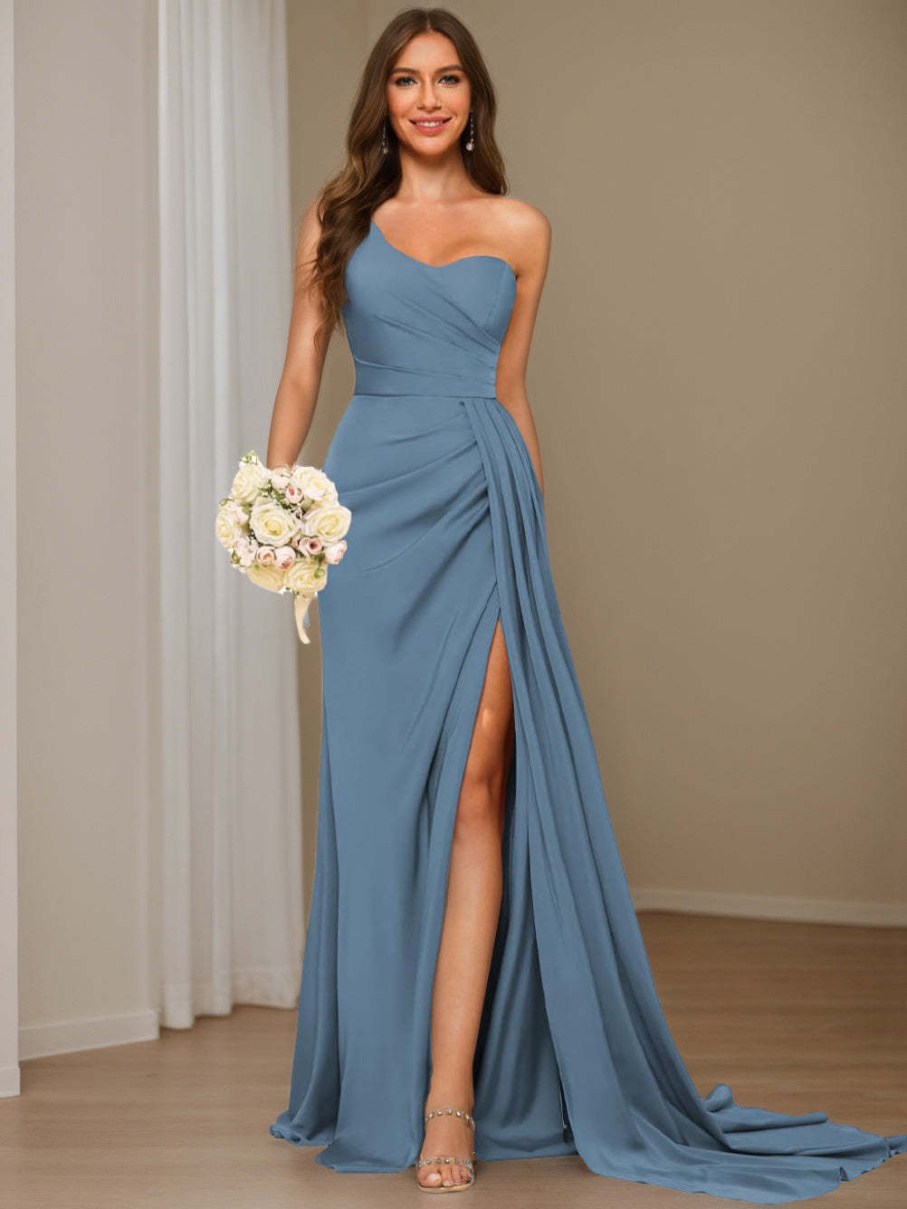 One-shoulder sleeveless floor-length bridesmaid dresses in princess satin with an A-line silhouette