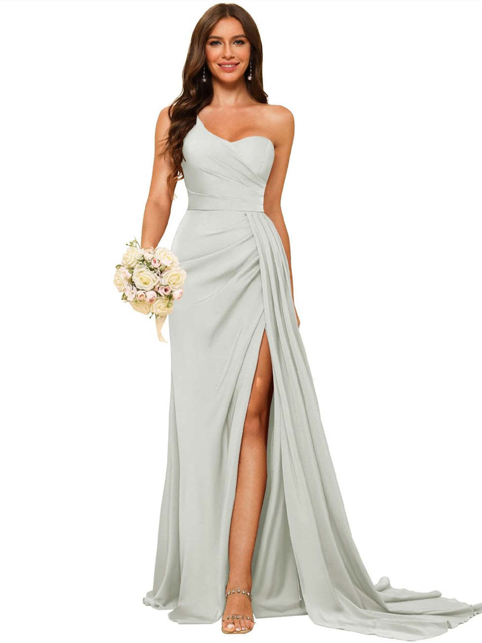 One-shoulder sleeveless floor-length bridesmaid dresses in princess satin with an A-line silhouette
