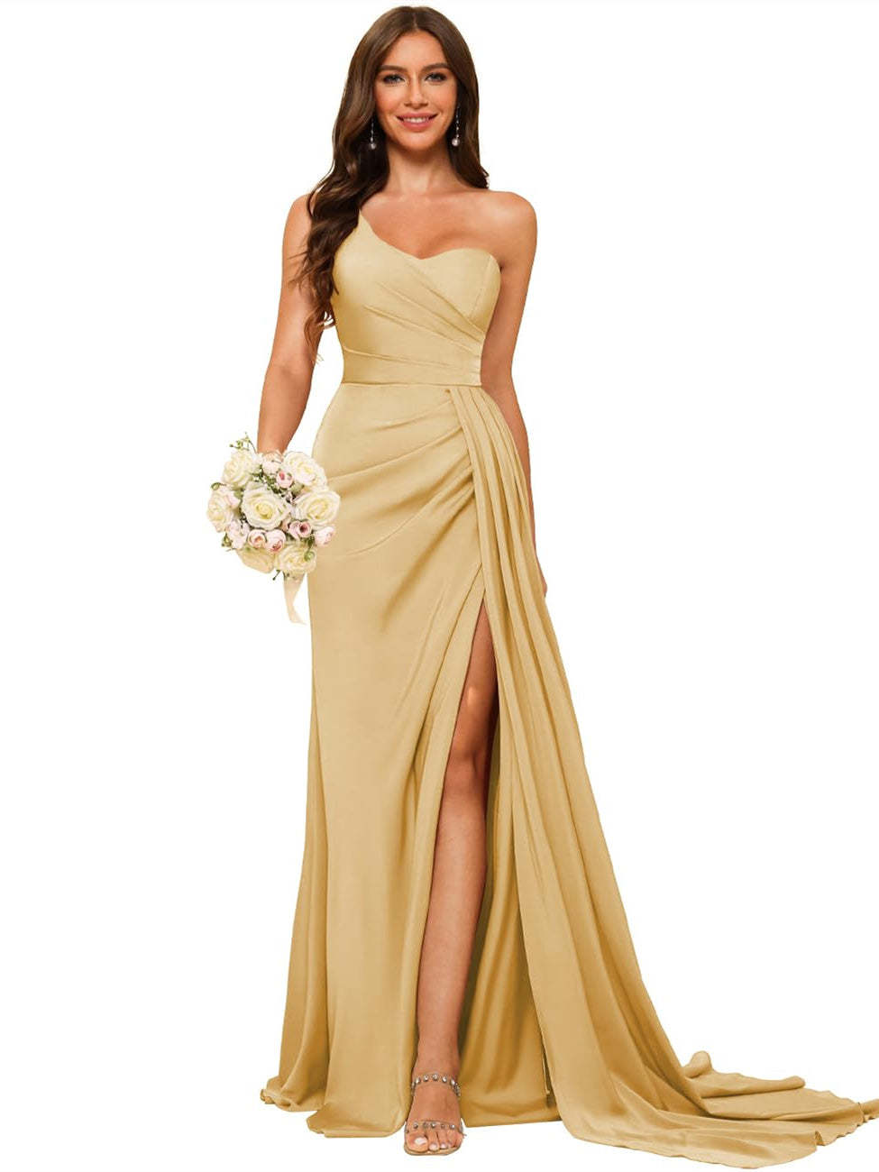One-shoulder sleeveless floor-length bridesmaid dresses in princess satin with an A-line silhouette