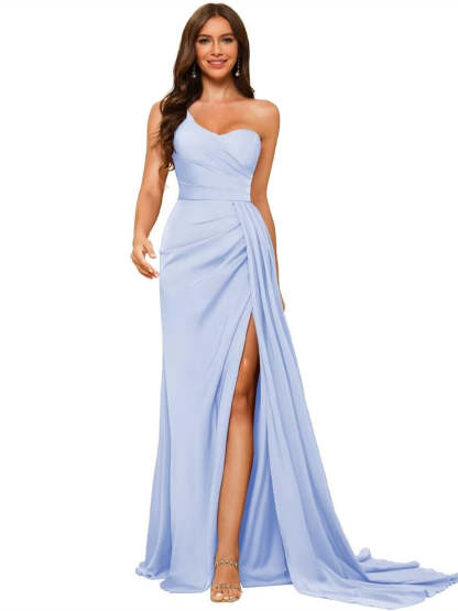 One-shoulder sleeveless floor-length bridesmaid dresses in princess satin with an A-line silhouette