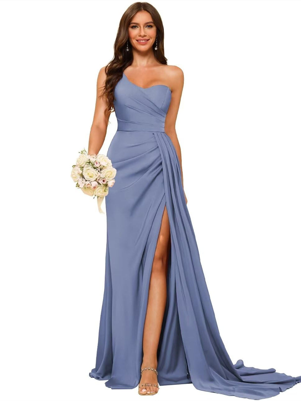 One-shoulder sleeveless floor-length bridesmaid dresses in princess satin with an A-line silhouette