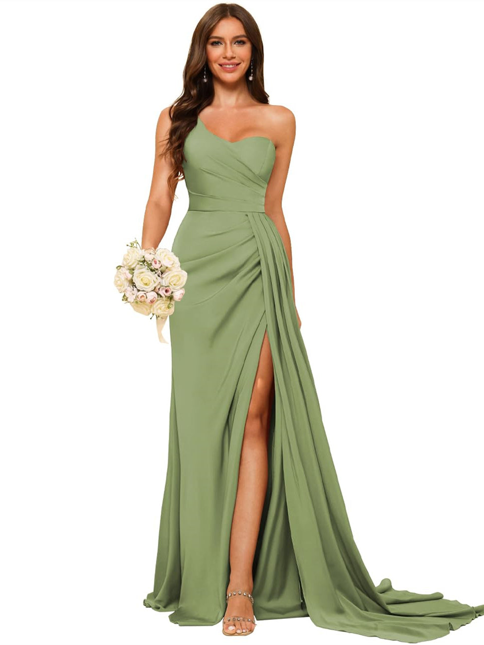 One-shoulder sleeveless floor-length bridesmaid dresses in princess satin with an A-line silhouette