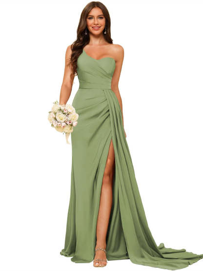 One-shoulder sleeveless floor-length bridesmaid dresses in princess satin with an A-line silhouette