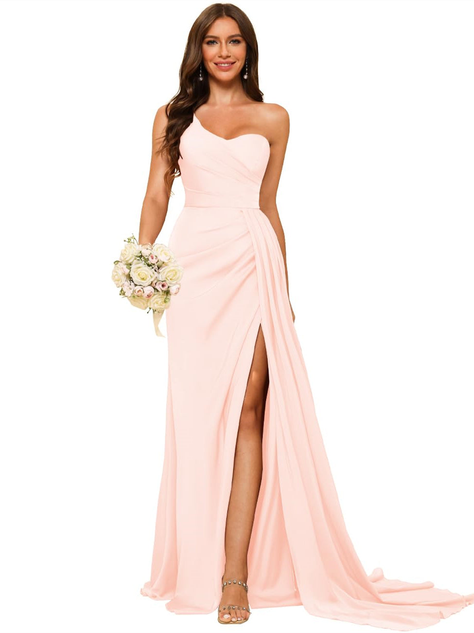 One-shoulder sleeveless floor-length bridesmaid dresses in princess satin with an A-line silhouette